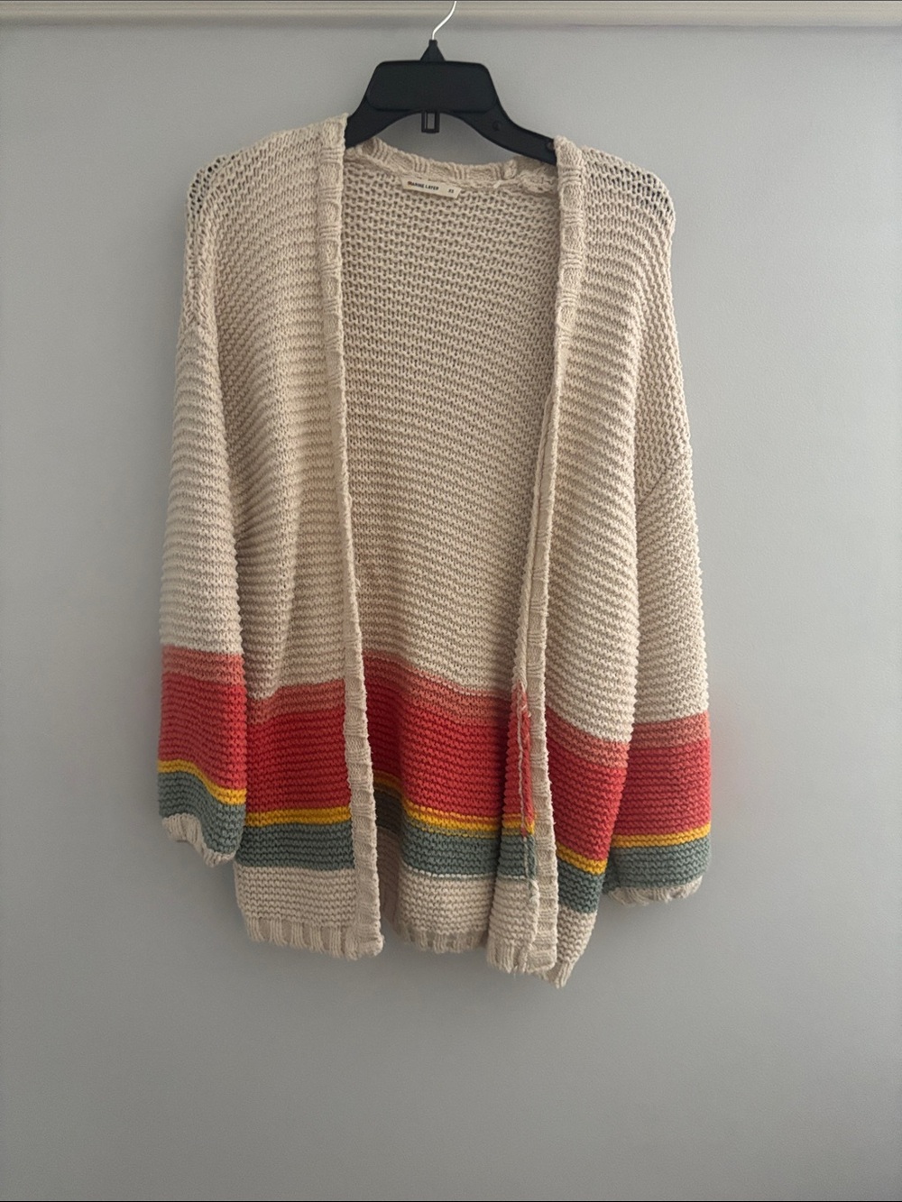 Marine Layer Cream Open-Front Cardigan with Coral, Yellow & Gray Stripes
